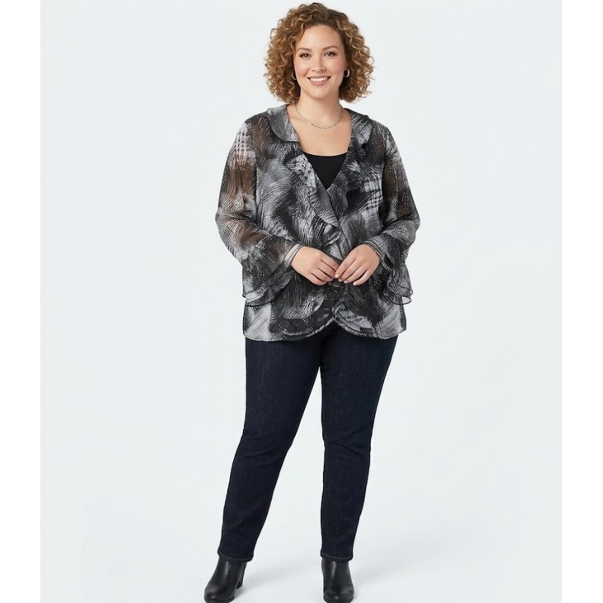 Chico's Black Gray Abstract Ruffle Flare Sleeve Soft Flowy Button Down Large/2